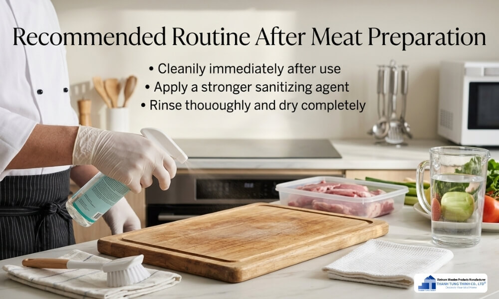 Raw meat being cut on a wooden cutting board, highlighting the need for immediate sanitization