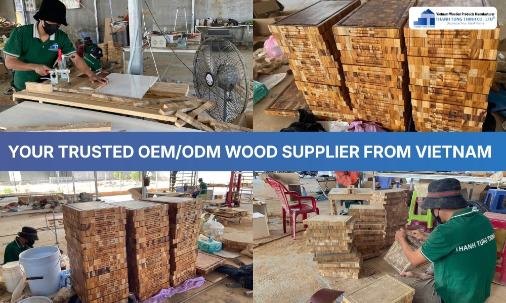Wooden cutting boards being manufactured in a professional factory for global distribution