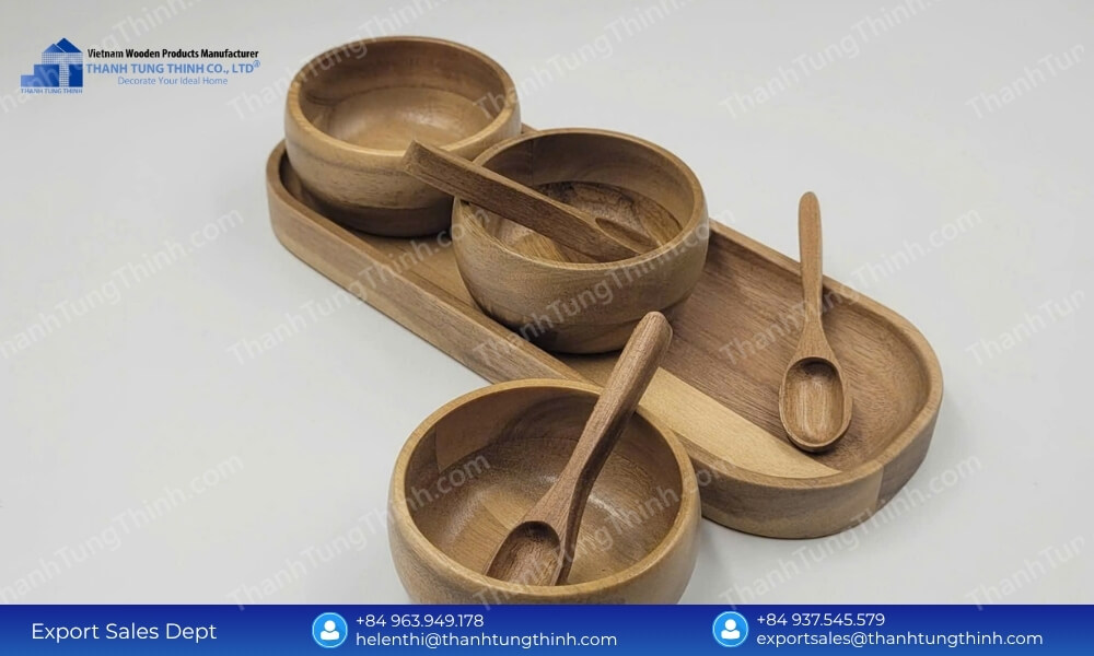 Bulk buy wooden bowls with certified antimicrobial timber treatment processing and secure crated cargo loading