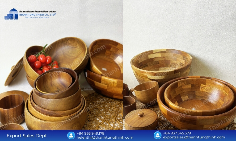 Bulk buy wooden bowls with certified antimicrobial timber treatment processing and secure crated cargo loading