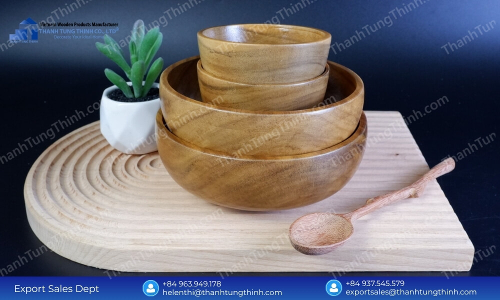 Bulk buy wooden bowls with certified antimicrobial timber treatment processing and secure crated cargo loading