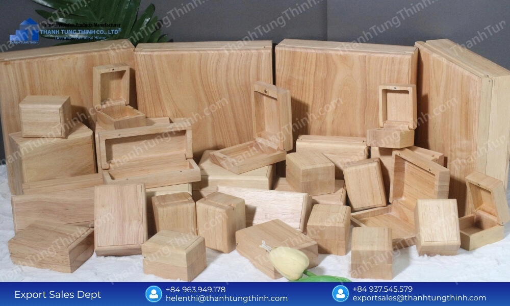 A vast array of various unpolished natural wood boxes of different rectangular shapes and sizes stacked up together