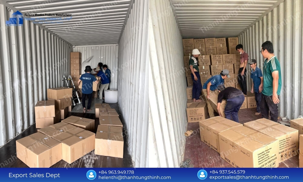 Logistics team members loading stacked cardboard delivery boxes containing retail inventory directly into an ocean freight container