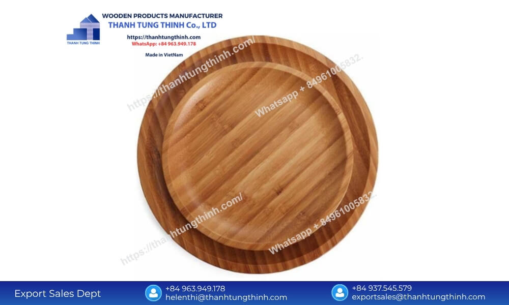 Perfectly stacked round wooden plates showcasing the structural consistency required for a standard wholesale wood plates MOQ