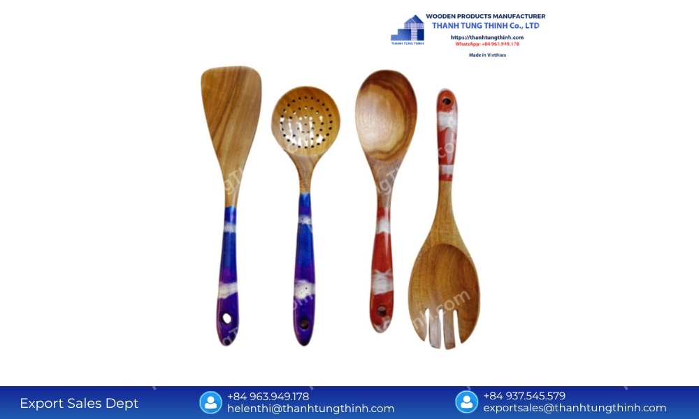 Assorted eco friendly utensils with custom resin handles showcasing our versatile capabilities in the mass production wooden forks