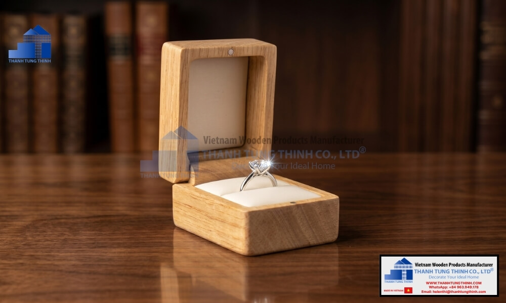 Premium wooden ring box showcasing elegant grain patterns for wooden jewelry boxes