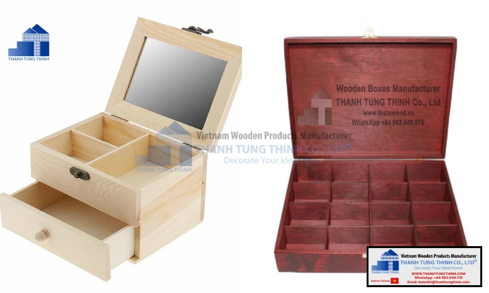 Two styles of custom crafted wooden jewelry boxes large options with internal grids and vanity mirrors for B2B orders