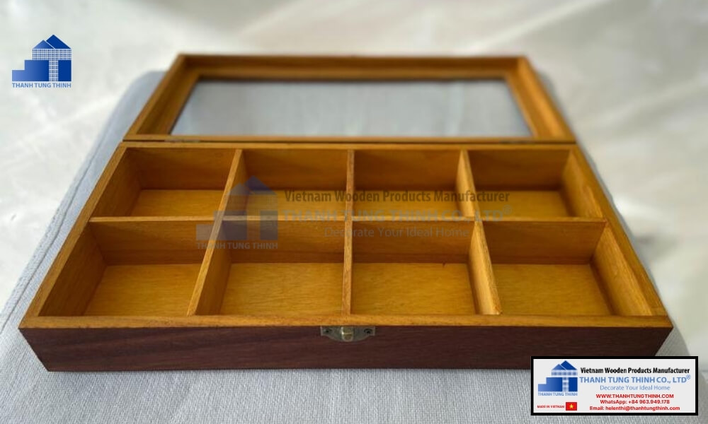 A long rectangular model of wooden jewelry boxes large display tray featuring multiple grids and a transparent glass lid