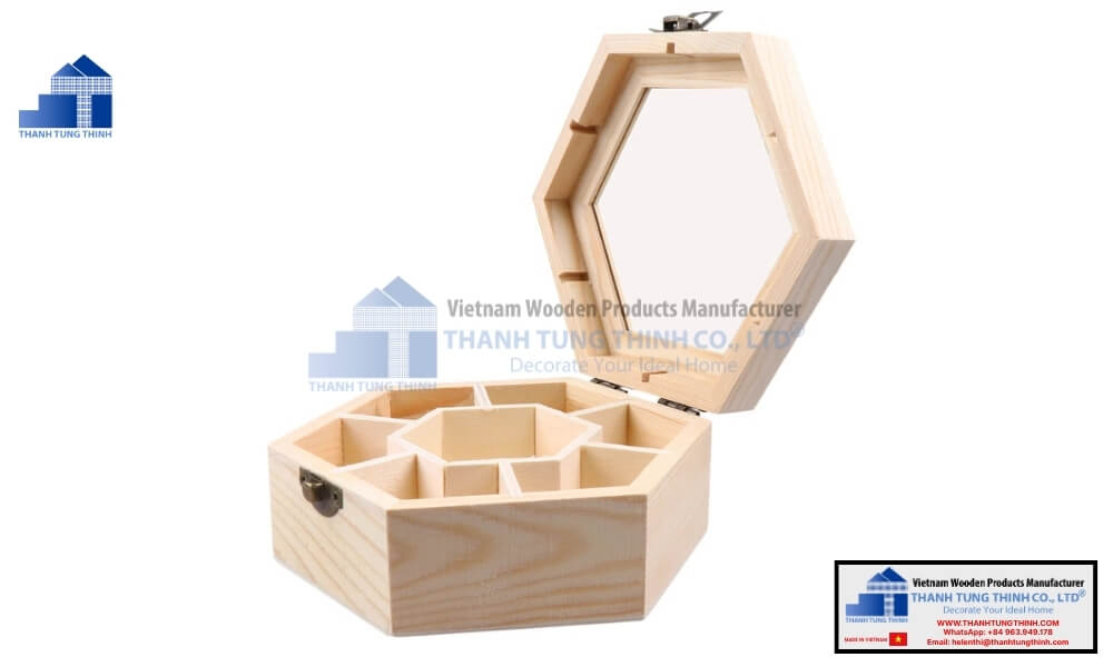 A unique hexagon shaped variant of wooden jewelry boxes large layout equipped with a built-in vanity mirror
