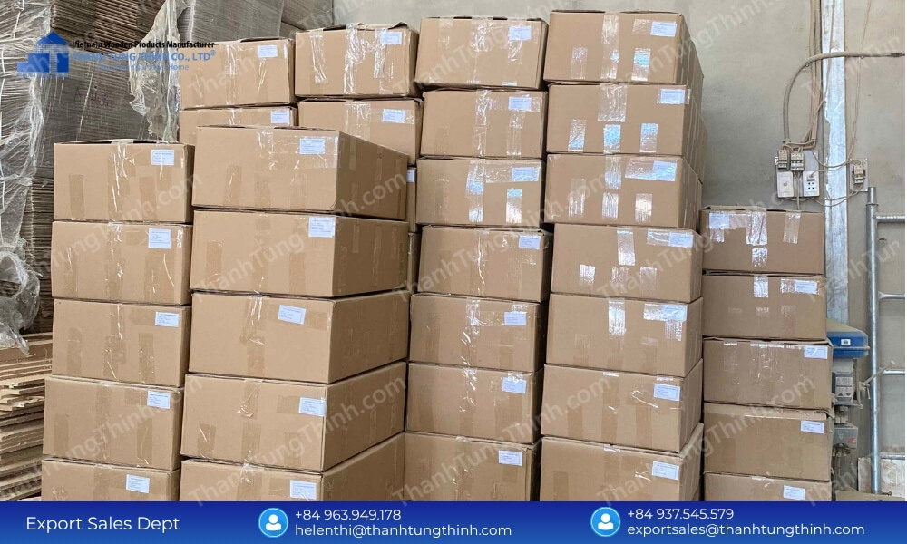 Stacks of high performance multi ply corrugated boxes optimized for wooden bowl export packaging