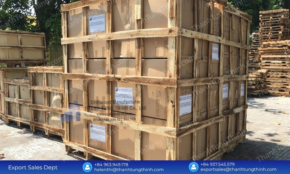 Solid timber crate and certified pallet framework securing wooden bowl export packaging