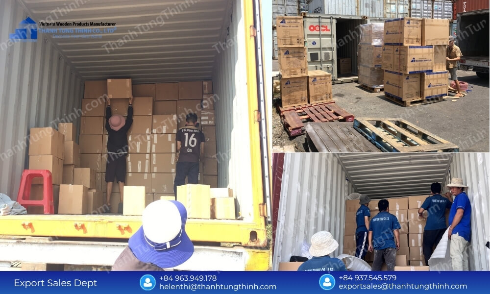 Logistics team loading heavy duty cartons into a maritime container for wooden bowl export packaging