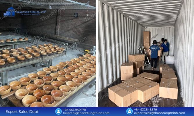 Artisanal manufacturing production line and final container loading for wooden bowl export packaging