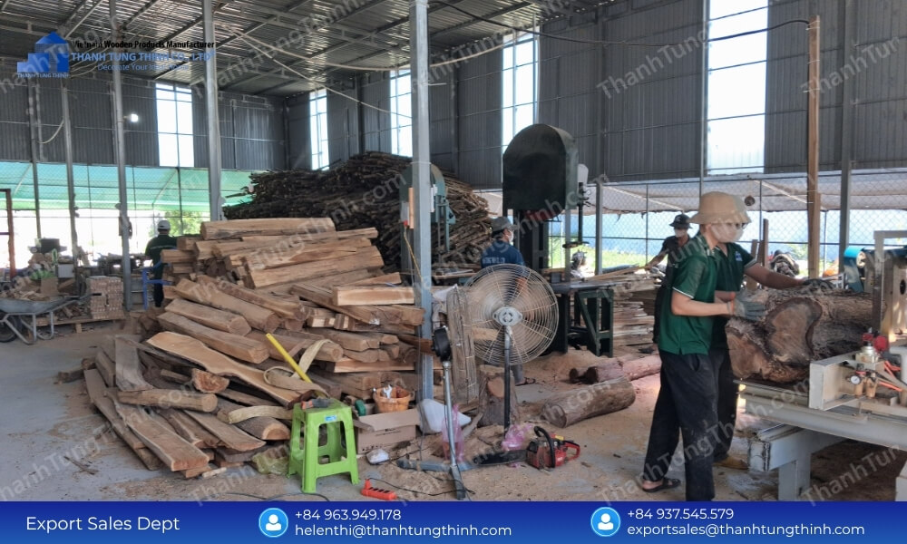 Factory floor processing raw timber logs for high volume wooden plates contract manufacturing