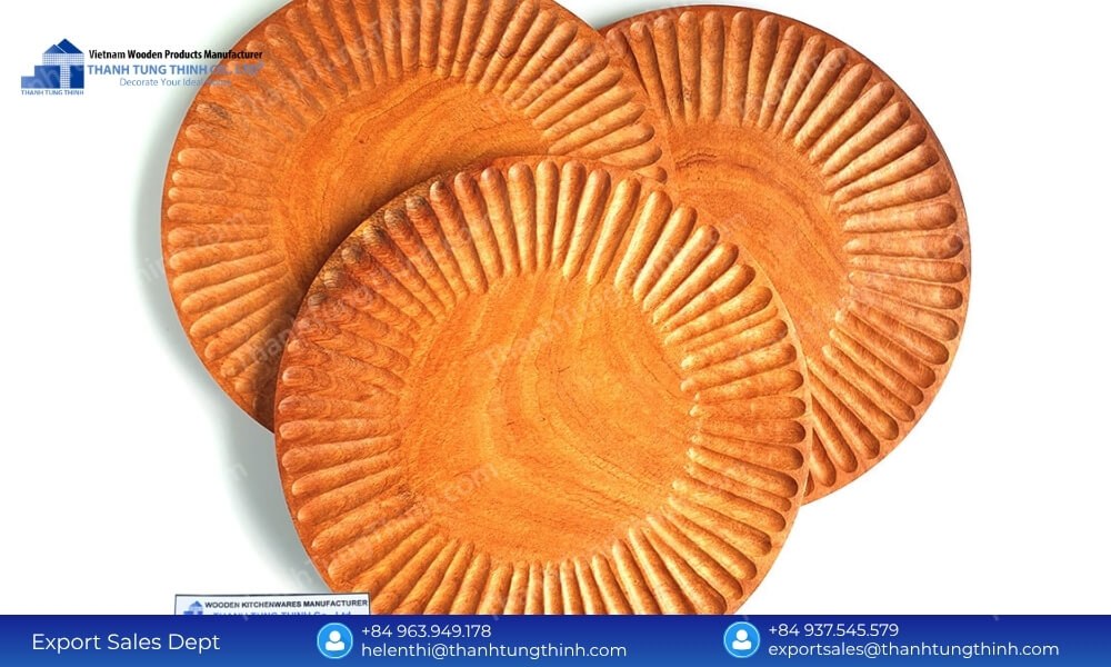 Three finished natural wood dinnerware plates highlighting precise groove patterns from wooden plates contract manufacturing