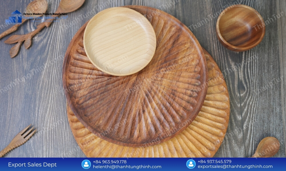 Stacked food grade wooden dinnerware showcasing perfect stackability in wooden plates contract manufacturing