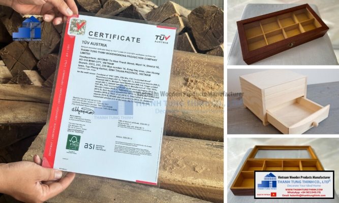 Authentic FSC timber certification next to premium samples of wholesale eco friendly sustainable wood jewelry boxes