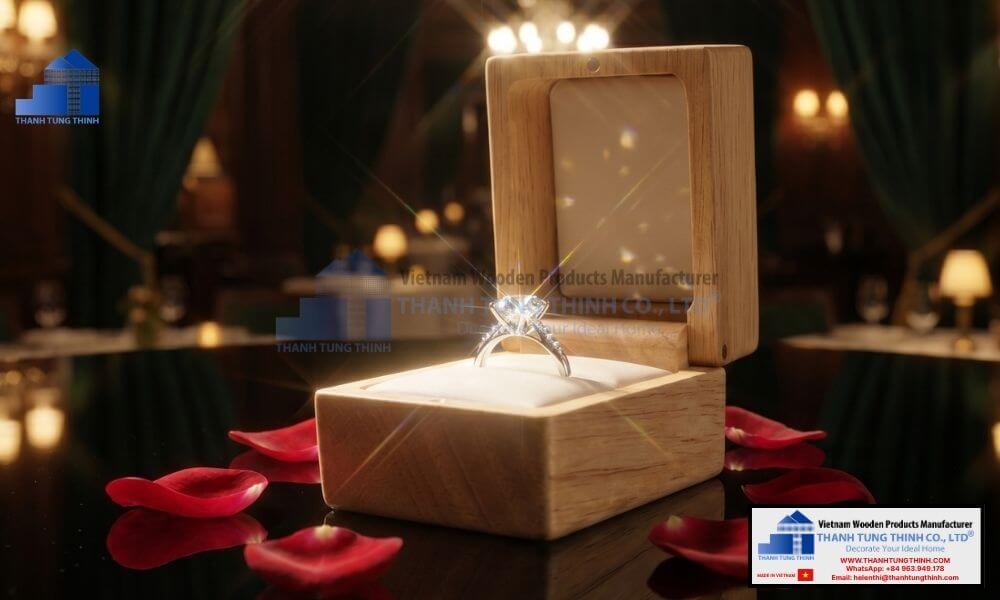 Luxury square wooden jewelry box displaying a sparkling diamond ring for proposal and gifting