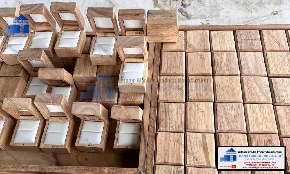 plush interior lining and modular inserts of custom logo printed wooden jewelry boxes