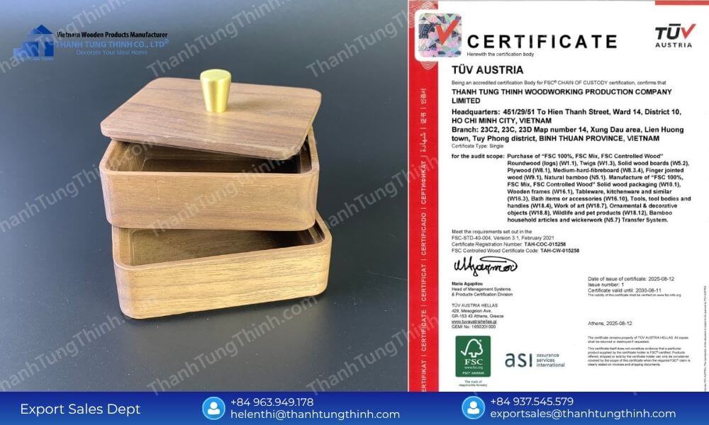 Premium custom made wooden jewelry boxes displayed alongside a certified TÜV Austria quality document from Thanh Tung Thinh manufacturer