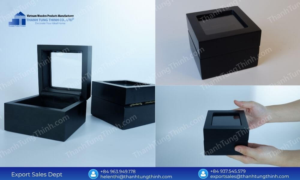 Multiple angles of sleek matte black custom made wooden jewelry boxes featuring a clear glass window display lid for watches and rings