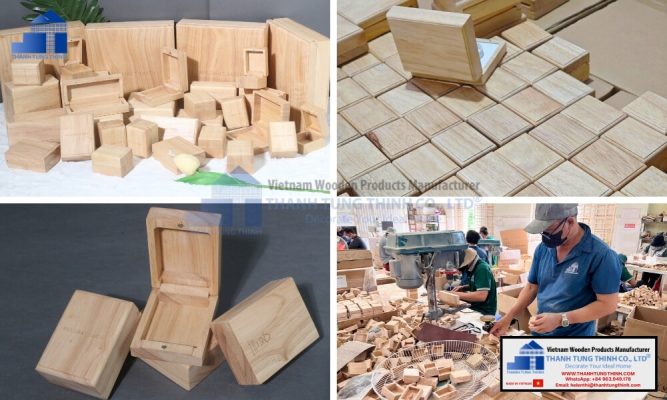 A factory woodworking station with sorting trays next to various sample sizes of unfinished keepsake containers