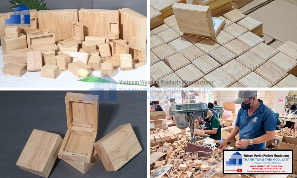 A factory woodworking station with sorting trays next to various sample sizes of unfinished keepsake containers