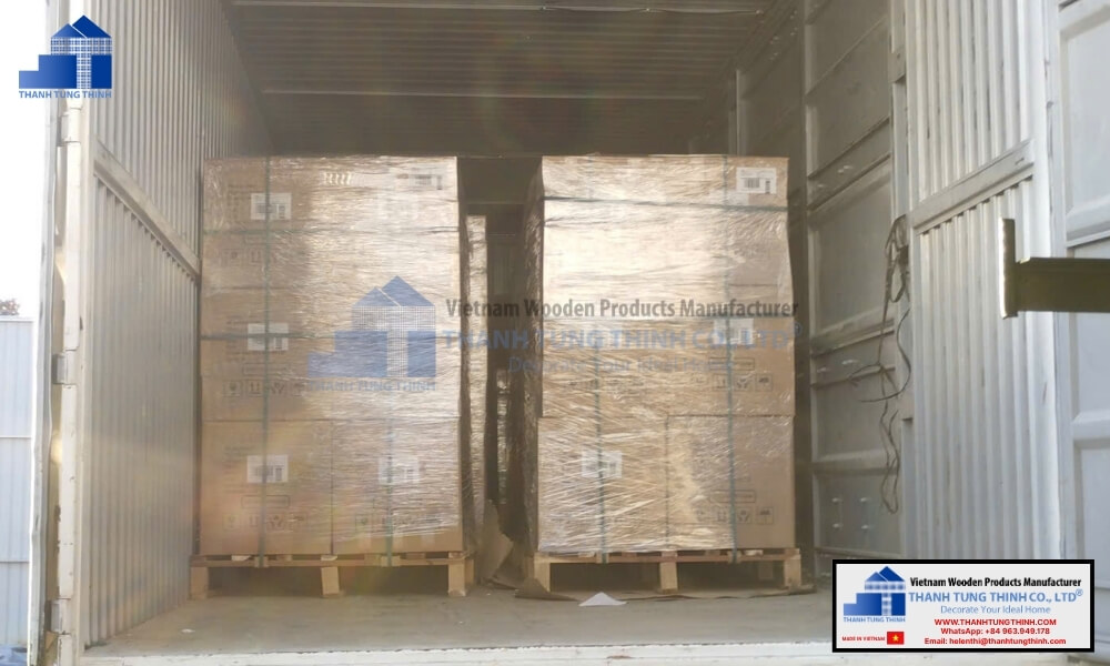 Heavy duty industrial packaging and professional palletization systems ready to transport an unpainted unfinished wooden jewelry boxes bulk container load