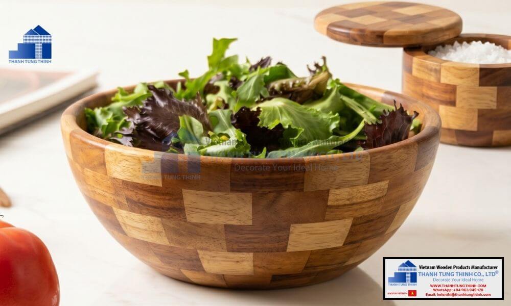 a large food safe wholesale wooden bowl filled with fresh salad for restaurant service