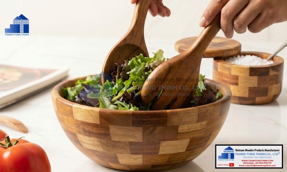 serving fresh salad using a premium food safe wholesale wooden bowl and matching utensils
