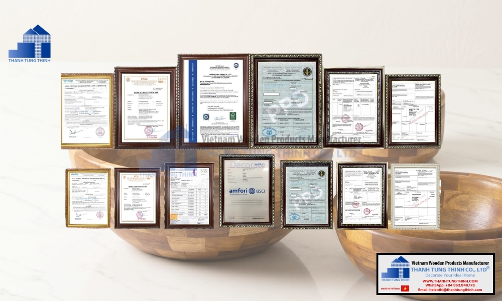 Official FSC and amfori BSCI certification documents displayed on a wood bowl contract manufacturing background