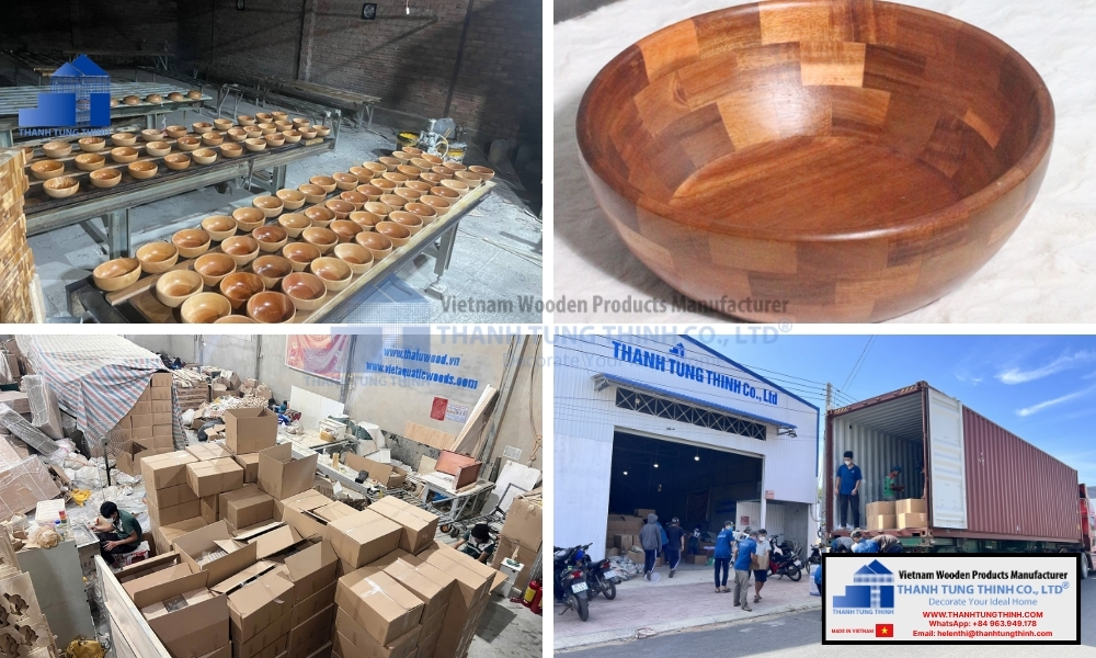 A 4-panel workflow showcase from sorting bowls to packaging and container loading for wood bowl contract manufacturing