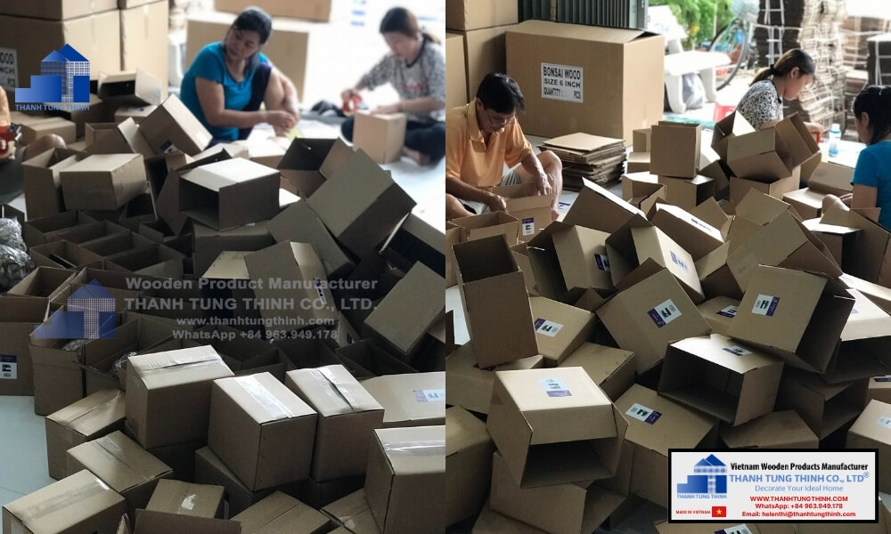 workers packing products during a wood bowl factory inspection