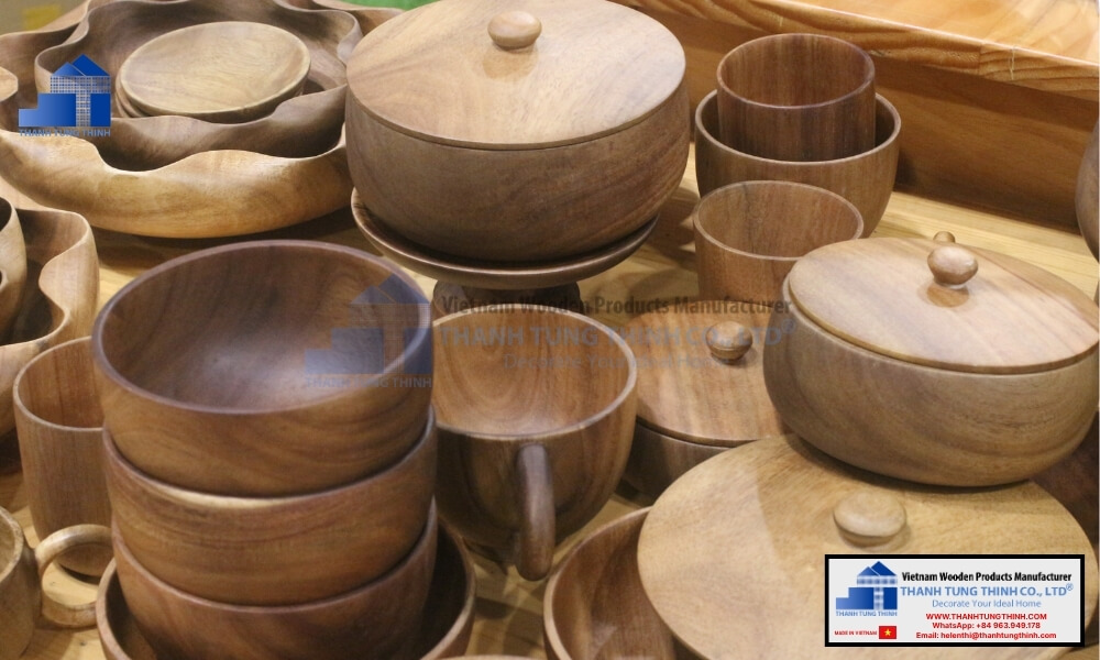 diverse collection of wooden tableware reviewed during a wood bowl factory inspection