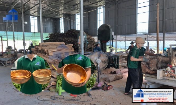 manufacturing workshop floor overview during a wood bowl factory inspection