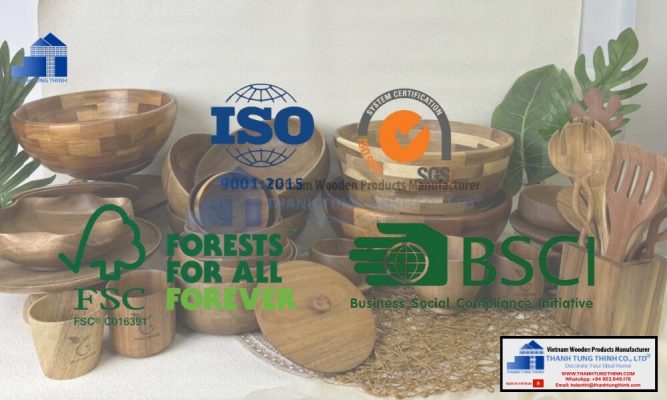 collection of sustainable kitchenware featuring fsc certified wood bowls and quality badges