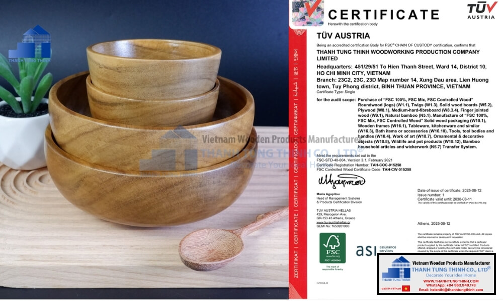 stackable kitchenware and tuv austria document for fsc certified wood bowls