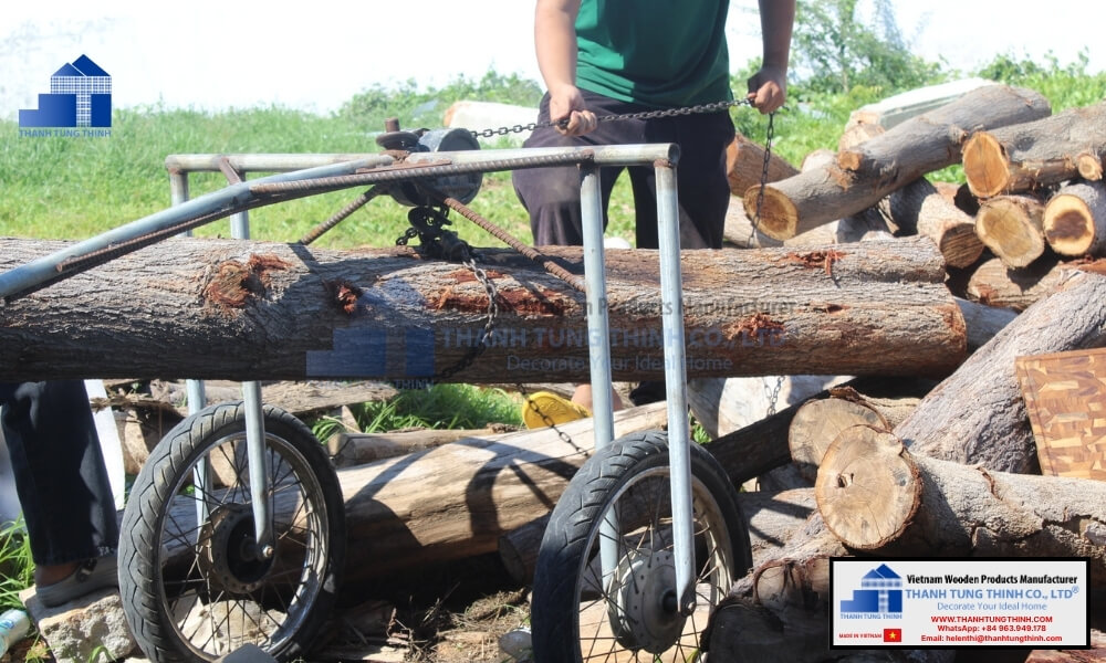 worker transporting raw timber for fsc certified wood bowls manufacturing