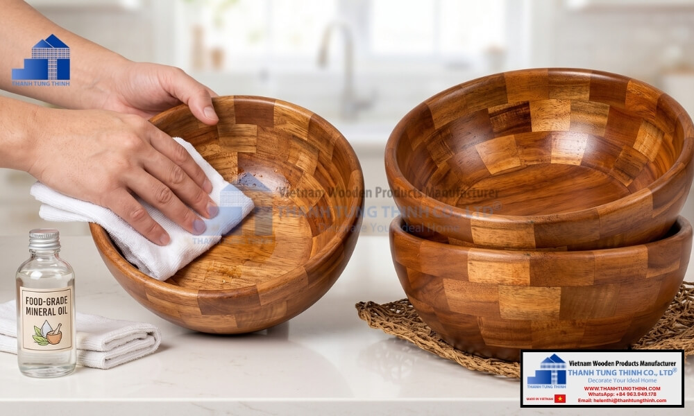 maintaining and oiling fsc certified wood bowls with food grade mineral oil