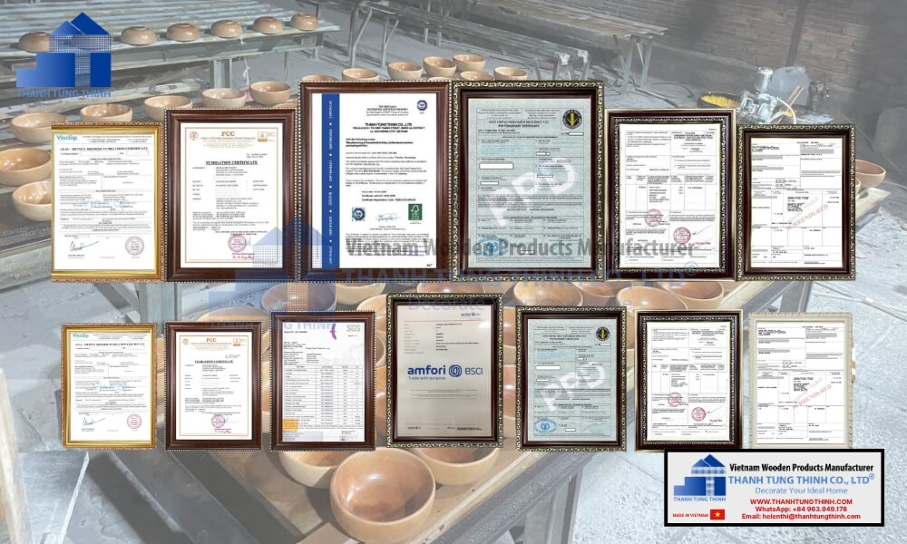 Framed international trade certificates displayed in front of a factory line background featuring rows of handmade wooden serving items