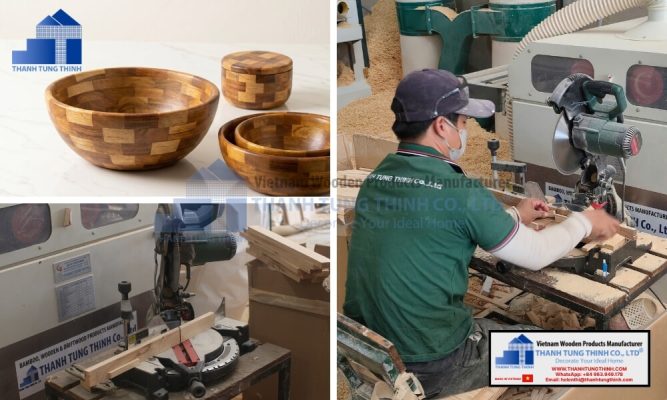 A collage showing finished nested wooden salad tableware sets alongside factory workers operating raw wood cutting saw blades