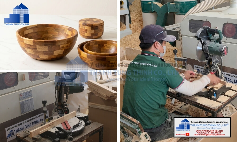 A collage showing finished nested wooden salad tableware sets alongside factory workers operating raw wood cutting saw blades
