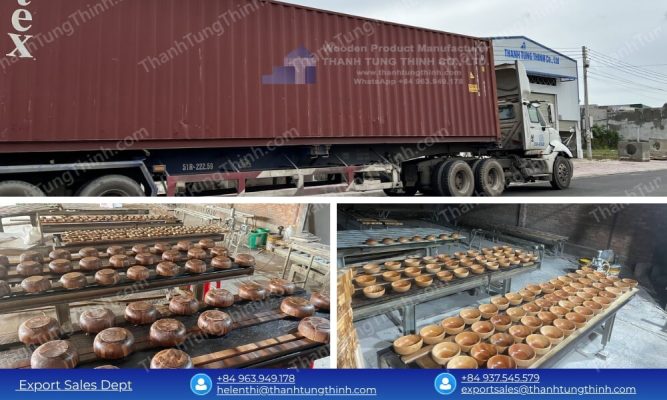 Shipping container transportation alongside finished wooden serving dishes ready for bulk wooden bowl logistics dispatch