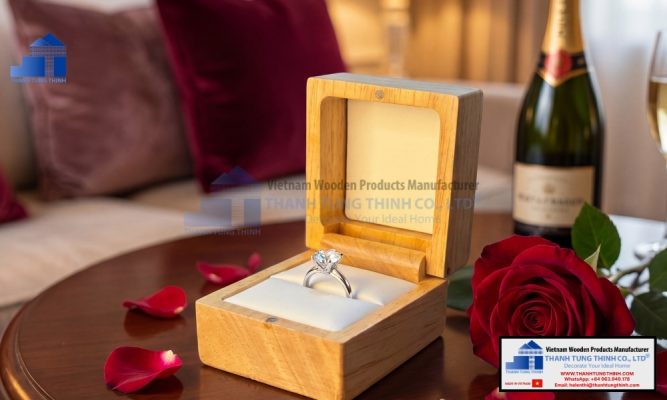 Elegant display of fancy wooden jewelry boxes with a diamond ring for retail collections