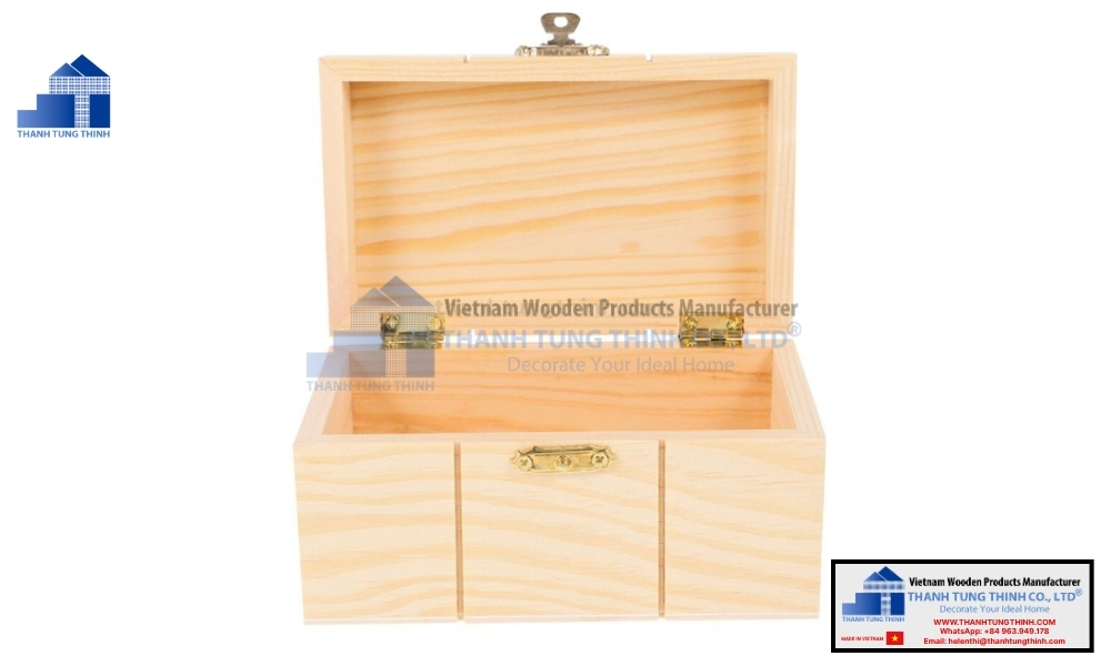 Open classic wooden keepsake container representing fancy wooden jewelry boxes with brass hardware