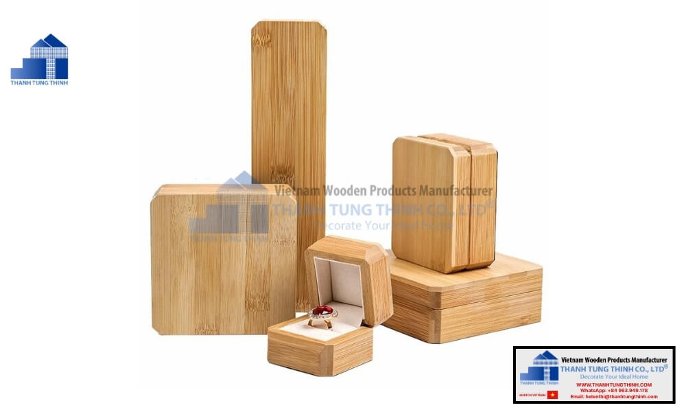 Various designs of small wooden jewelry boxes with natural wood grain