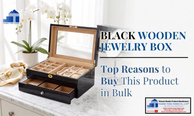 Elegant black wooden jewelry box displayed on a luxury vanity table