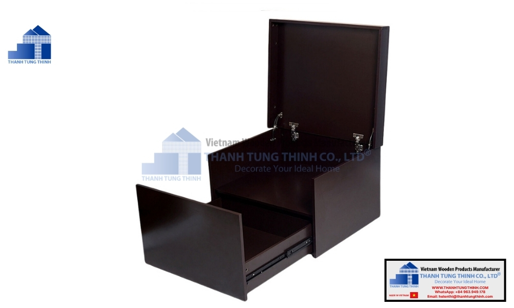 Open wooden armoire style black wooden jewelry box with a pull out drawer