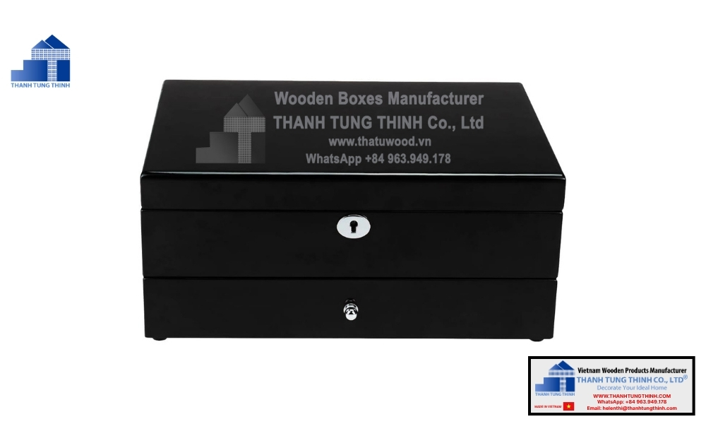Locked multi layer luxury black wooden jewelry box with a silver keyhole