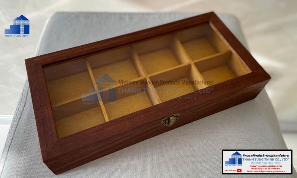 Elegant multi compartment personalized wooden jewelry boxes with natural wood finish